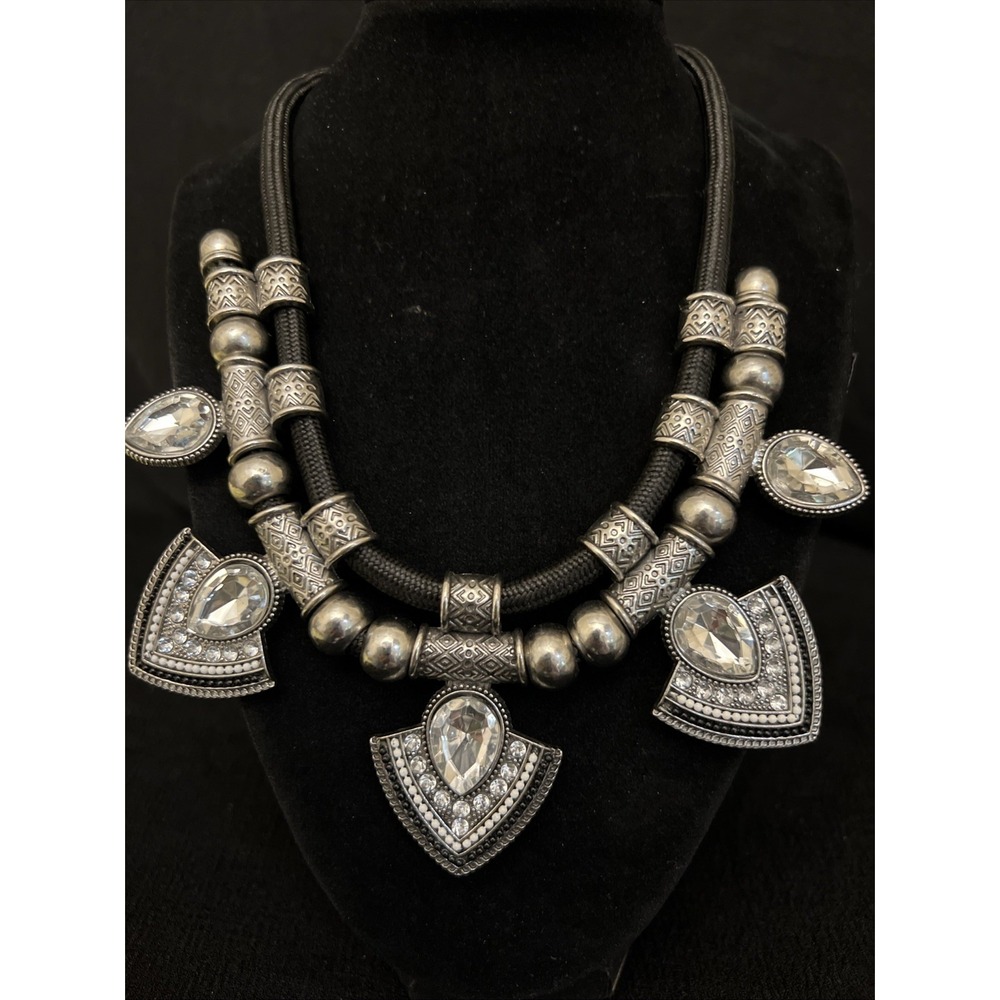 Dramatic Silver Tone Statement Necklace Black Cord Rhinestone Bob Pendant Boho